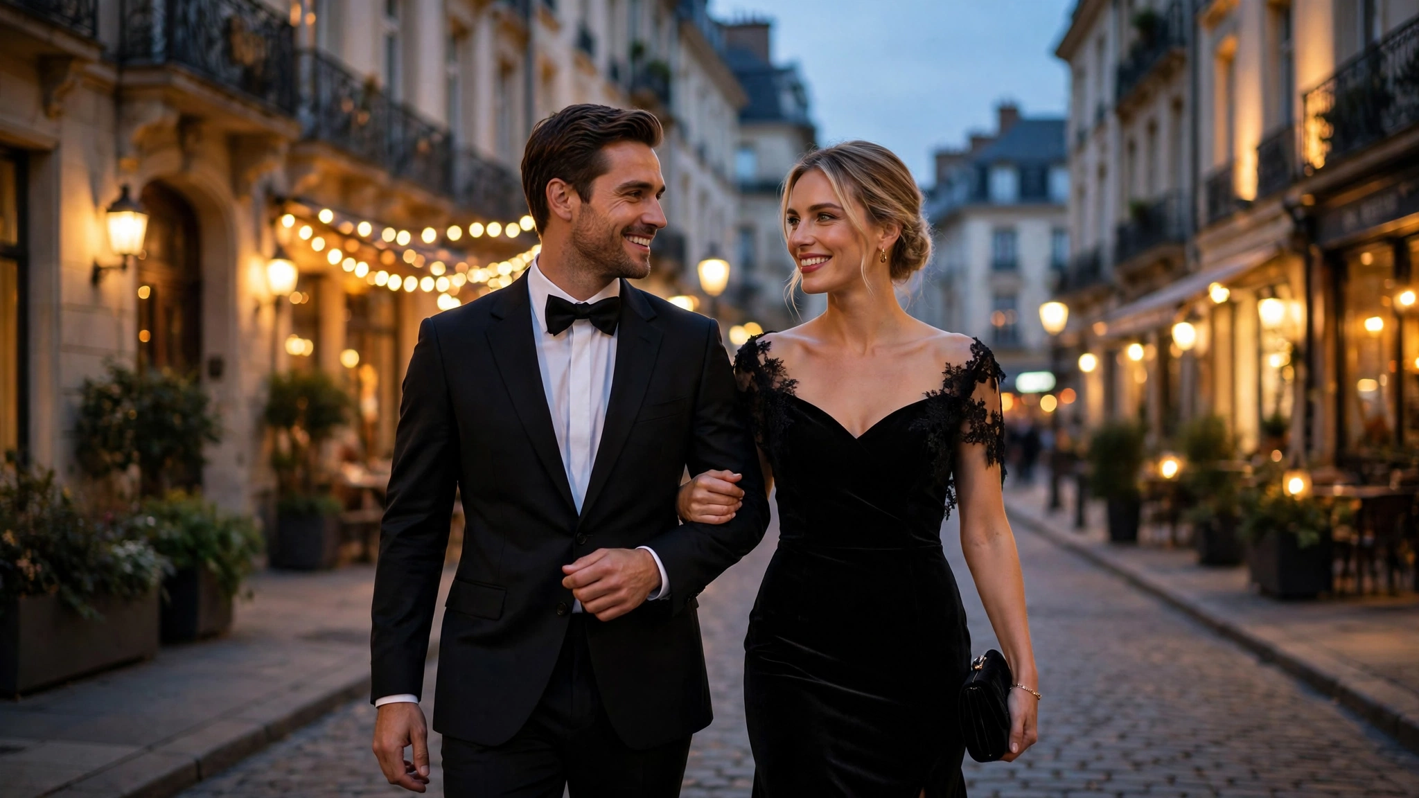 240+ Classy Captions for Insta: Elegant, Sassy and Timeless Ideas (2026) 4 Elegant couple in evening wear walking through the city