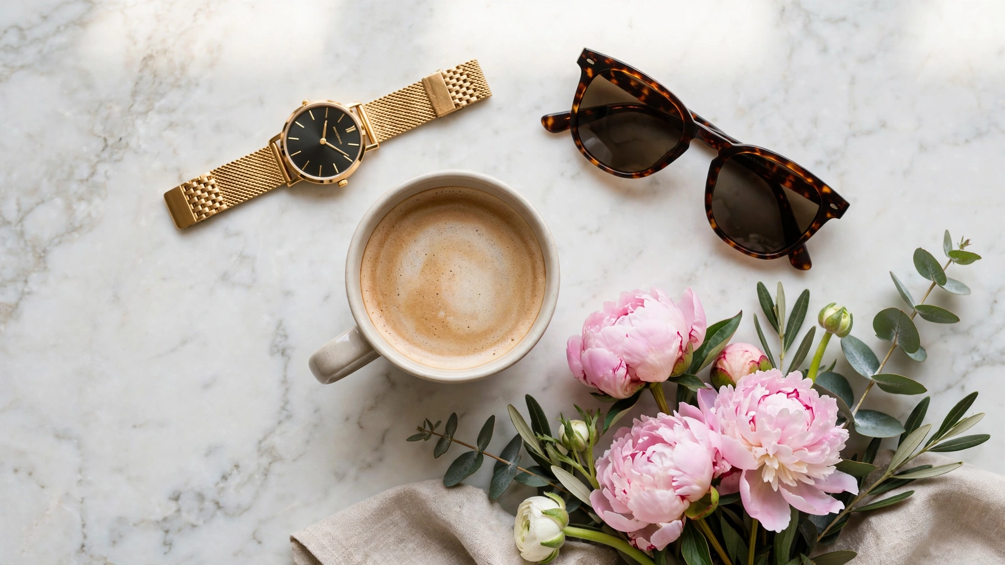 240+ Classy Captions for Insta: Elegant, Sassy and Timeless Ideas (2026) 3 Luxury lifestyle flat lay with watch, coffee and flowers