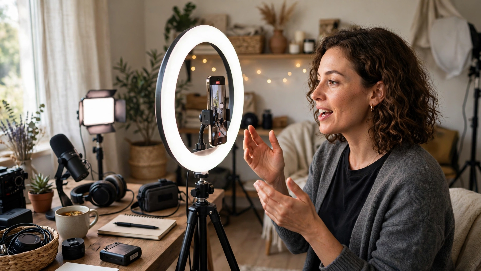 Content creator filming Instagram Reels with ring light setup