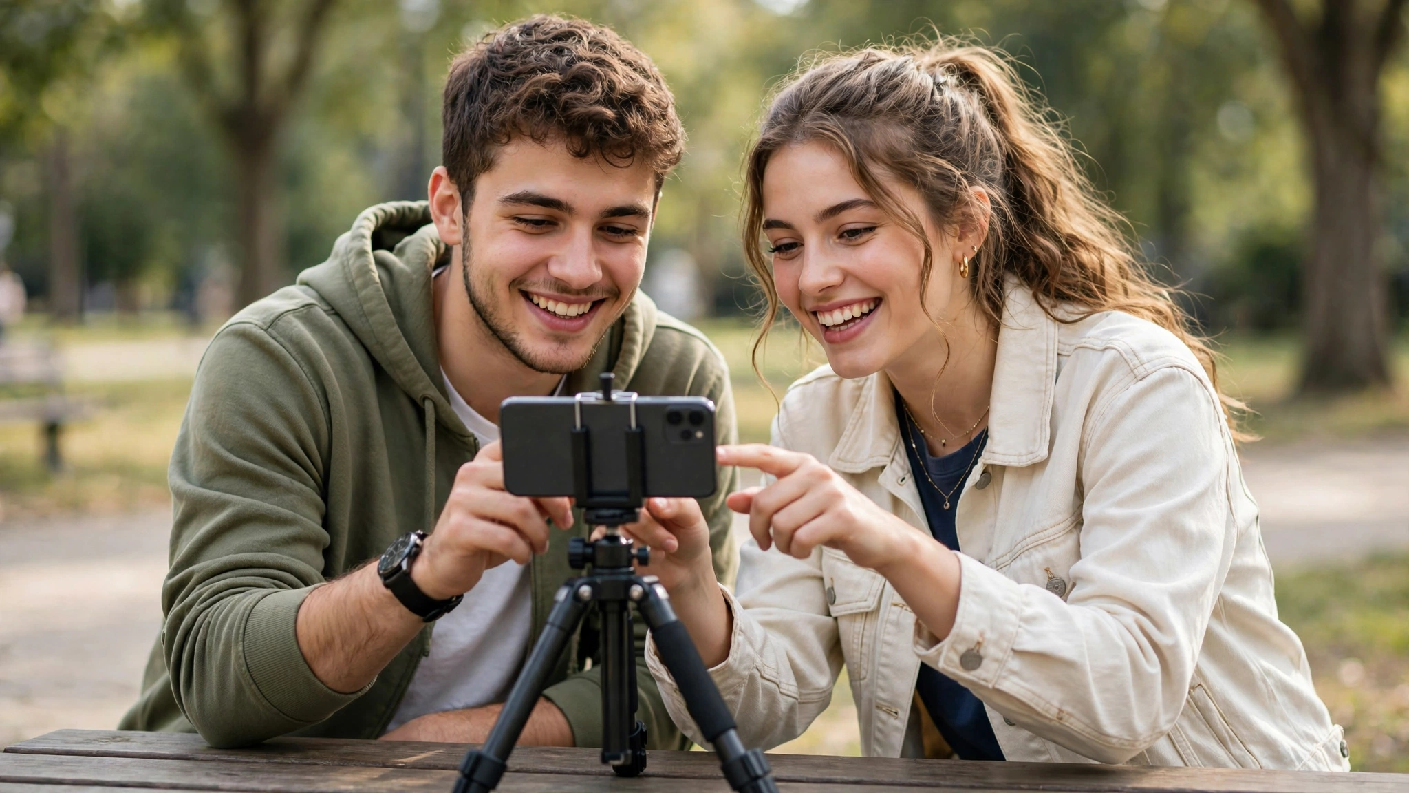 Two creators collaborating to film Instagram content outdoors