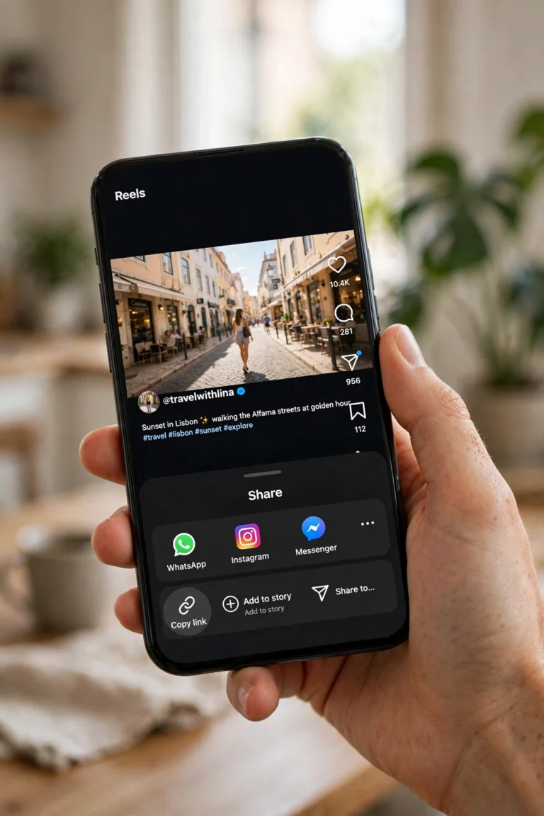Hand holding smartphone downloading an Instagram Reel with an online downloader