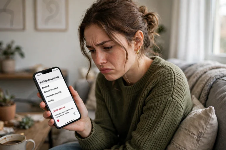 How to delete Instagram account: woman tapping the delete account option in Instagram settings on her phone