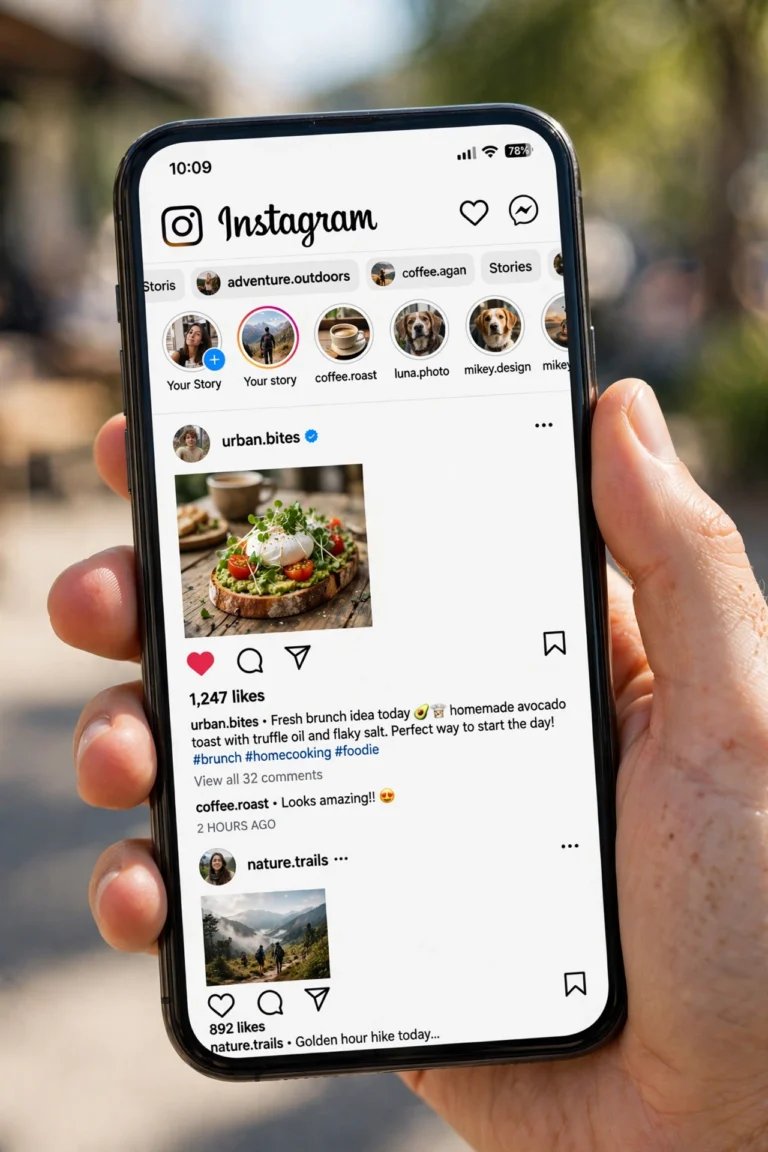 Hand holding a smartphone showing the Instagram home feed with photos, likes and comments icons