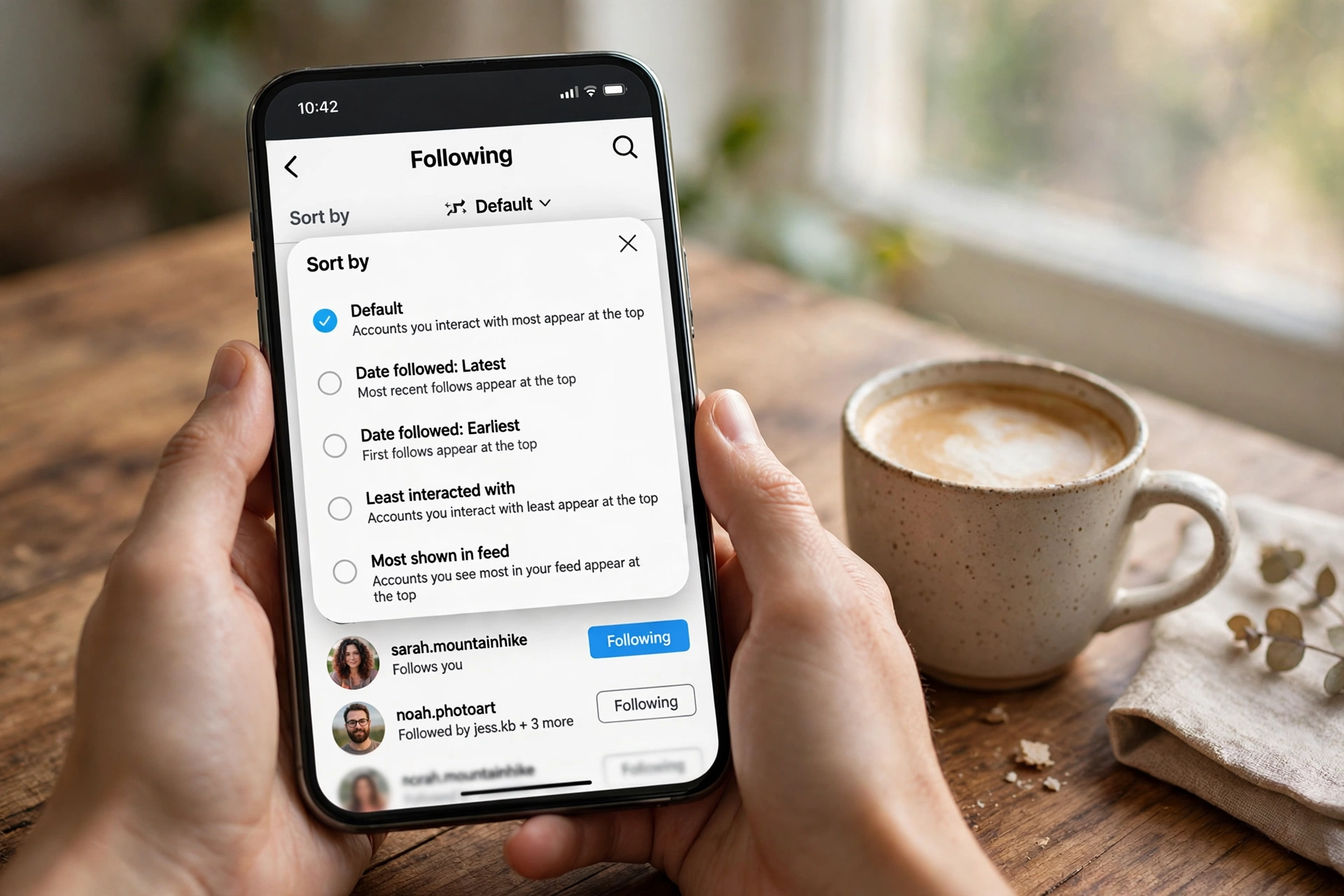 Phone displaying the Instagram Following list with the sort menu open to find Least Interacted With accounts