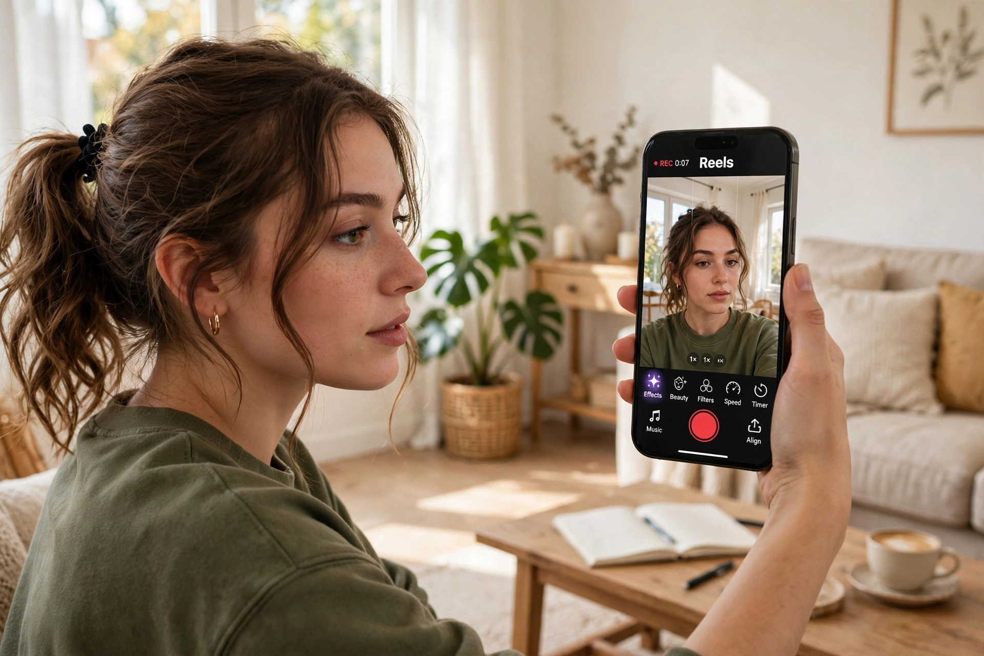 How to Use Instagram: The Complete Beginner's Guide (2026) 4 Young woman recording an Instagram Reel on her smartphone in a bright living room