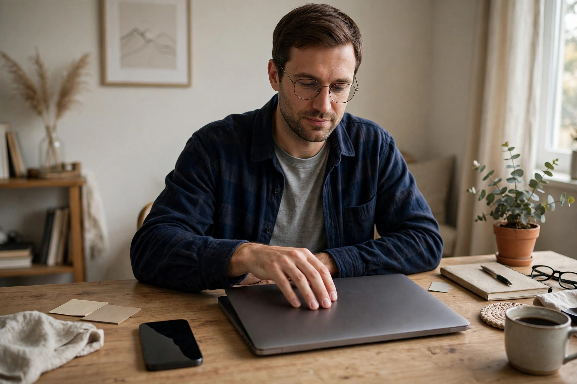 Man putting his smartphone face down on a desk while taking a break from social media