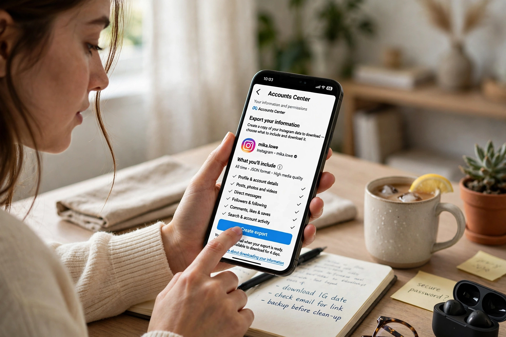 Requesting an Instagram data export from the Accounts Center to download followers and following lists