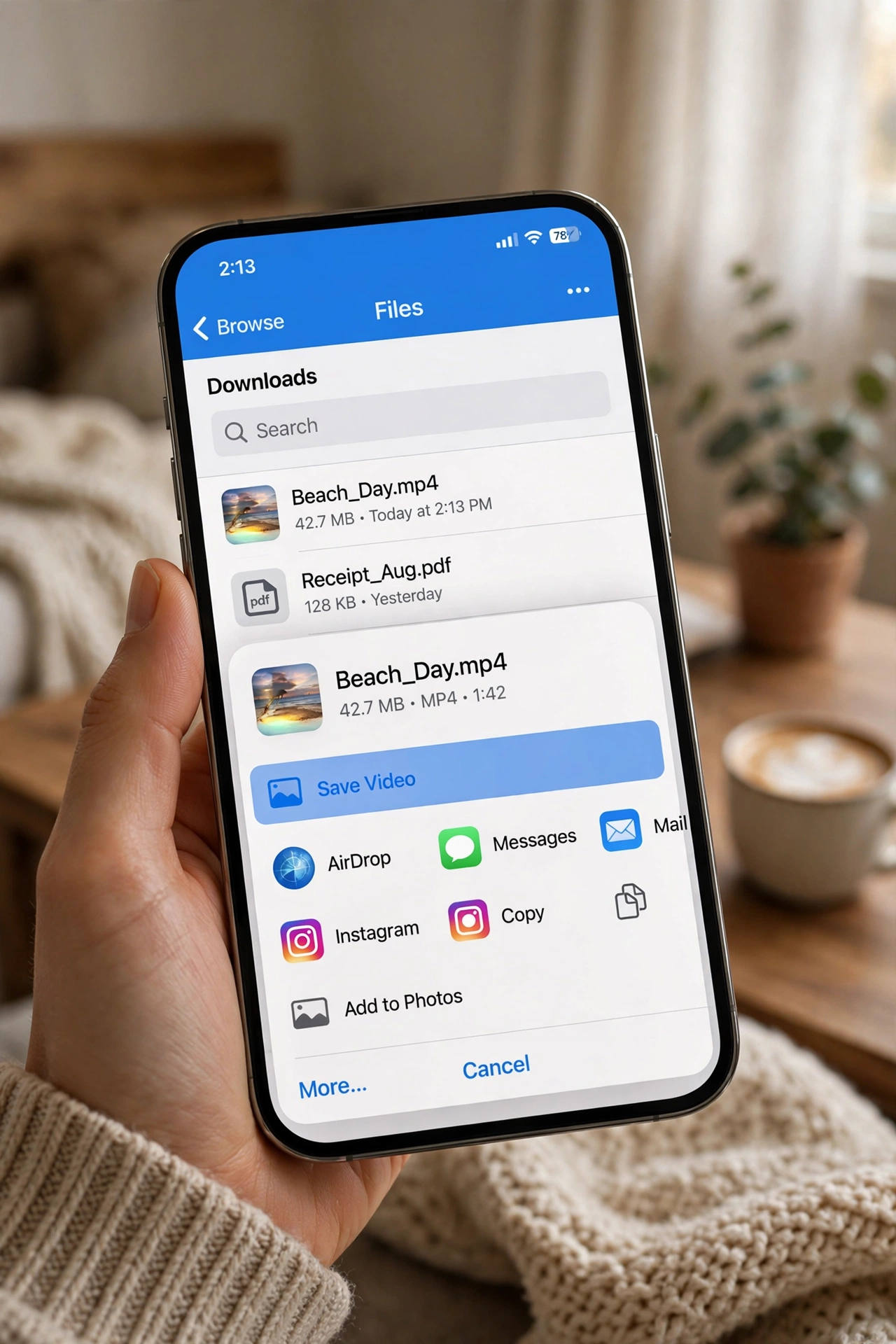 Instagram Reel Downloader: 10 Free Tools to Save Reels Without Watermark (2026) 4 iPhone showing downloaded Instagram Reel file moving from Files app to Photos