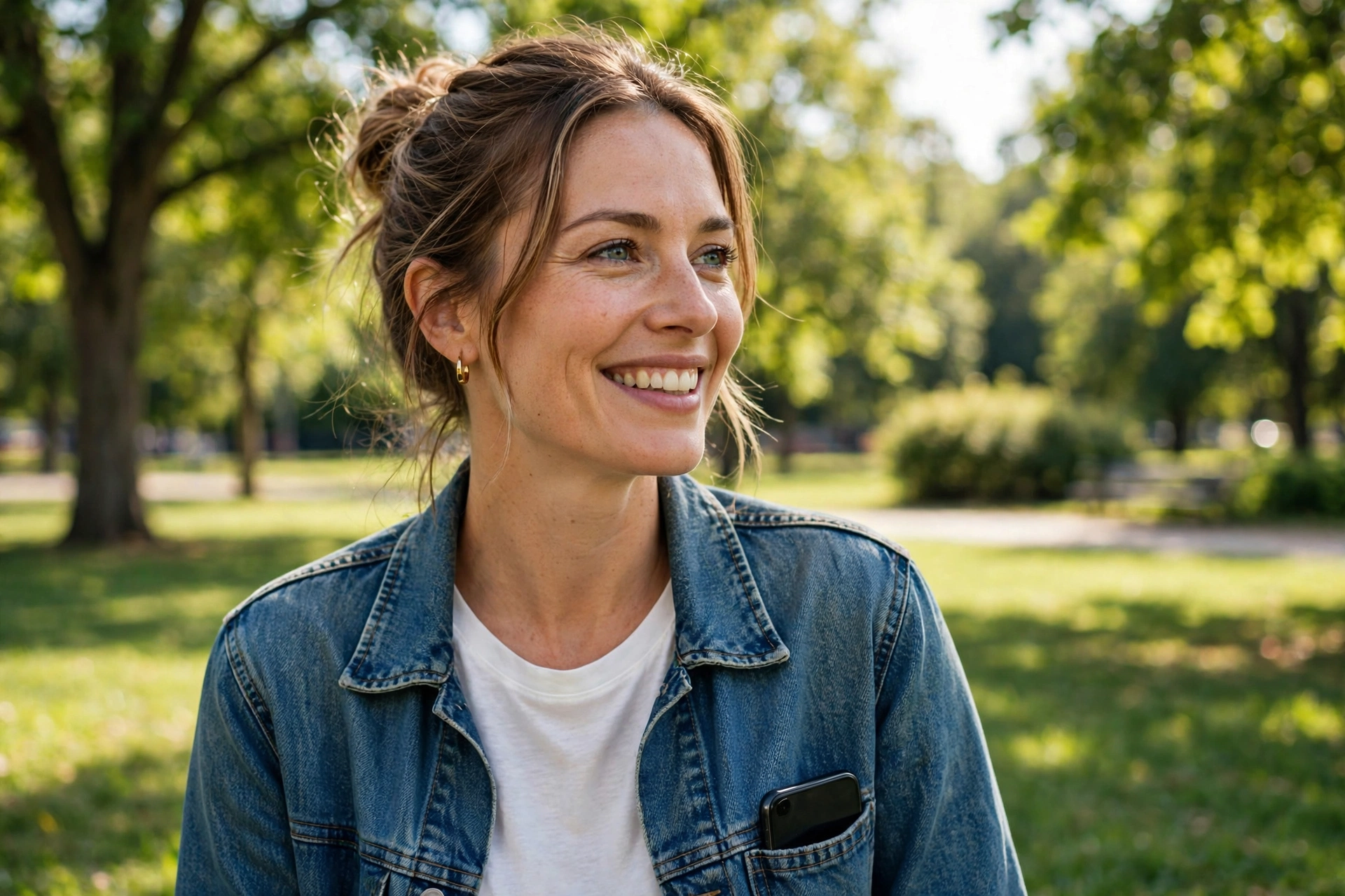 Smiling woman enjoying outdoor life without her phone after an Instagram digital detox