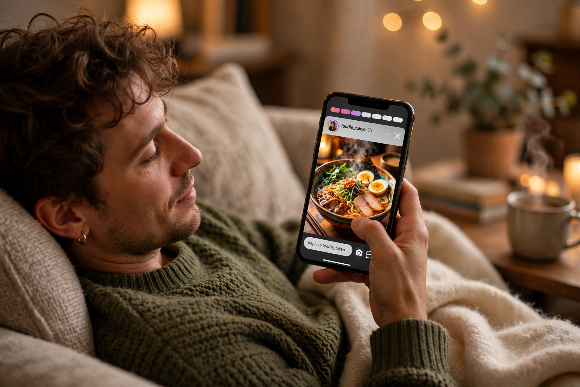 How to Use Instagram: The Complete Beginner's Guide (2026) 5 Person on a couch scrolling through Instagram Stories on a smartphone in the evening