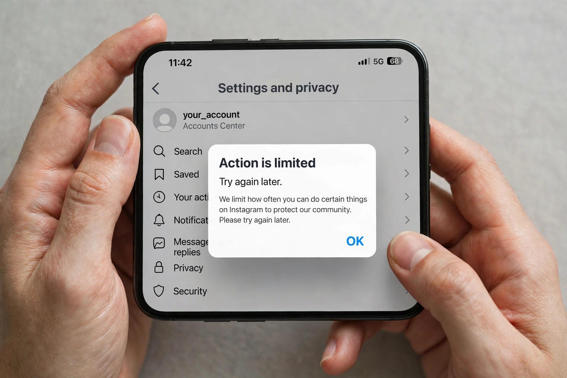 Mass unfollow Instagram gone too fast: Instagram action limit warning on a phone screen