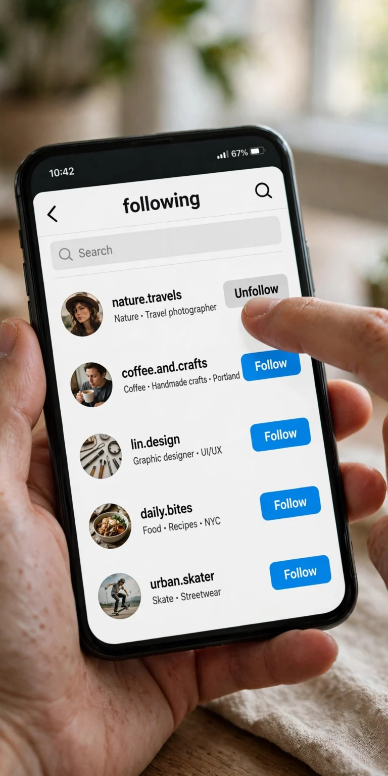 Mass unfollow Instagram: hand tapping unfollow on an Instagram following list