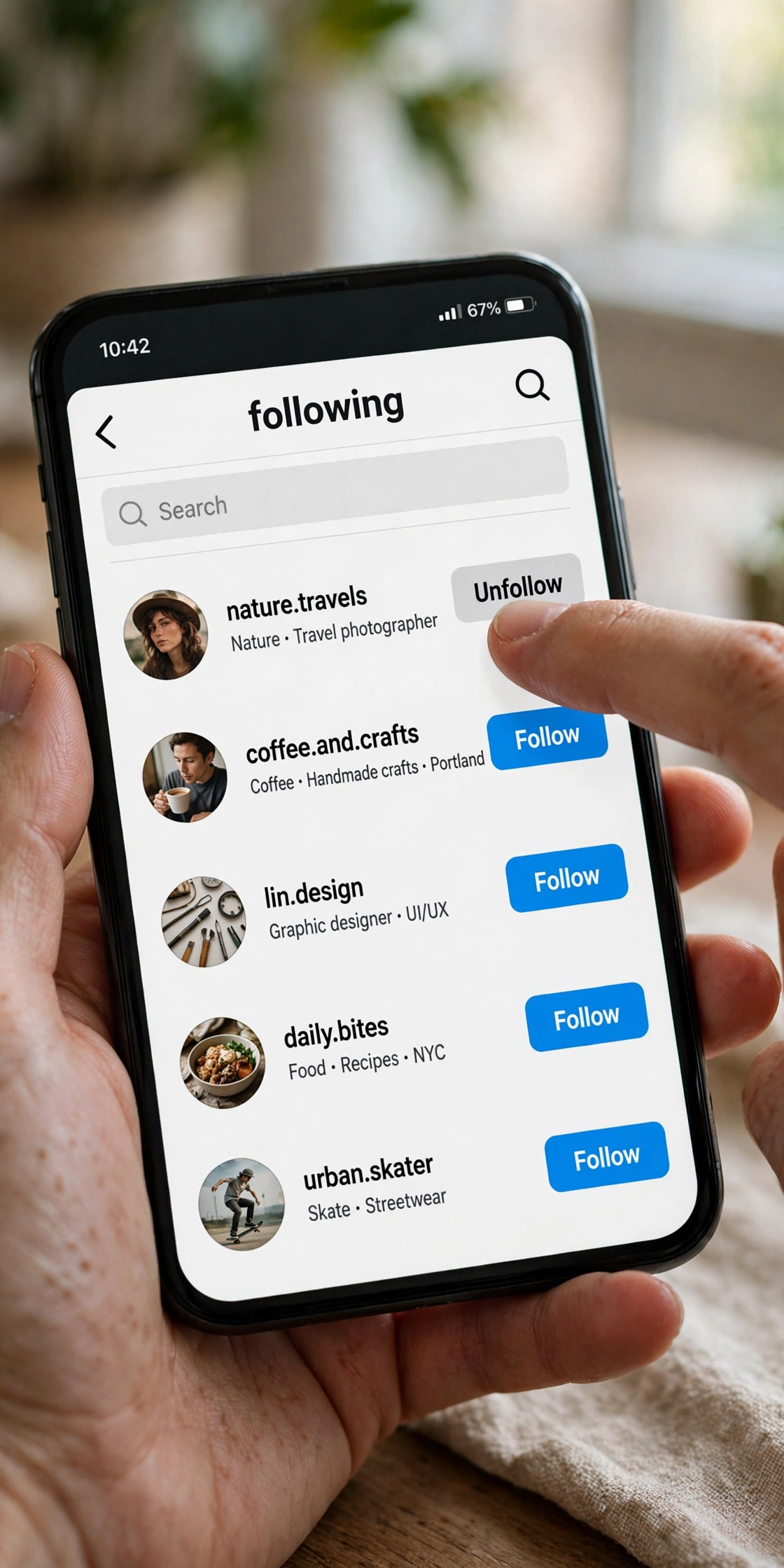 Mass unfollow Instagram: hand tapping unfollow on an Instagram following list
