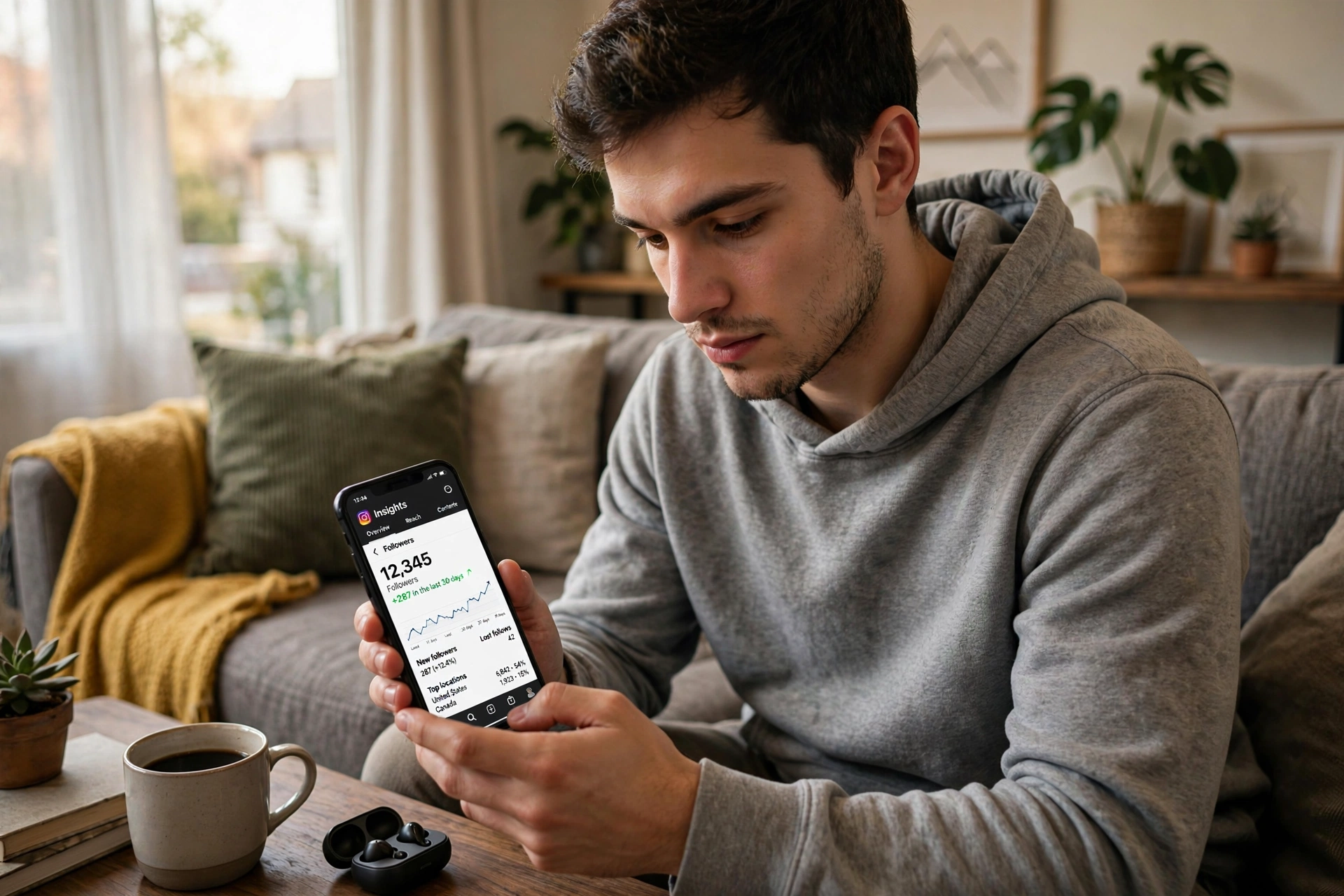 Instagram Follower Tracker: 7 Best Apps to Track Followers, Unfollowers and Growth (2026) 6 Man checking Instagram follower tracker statistics on his smartphone at home