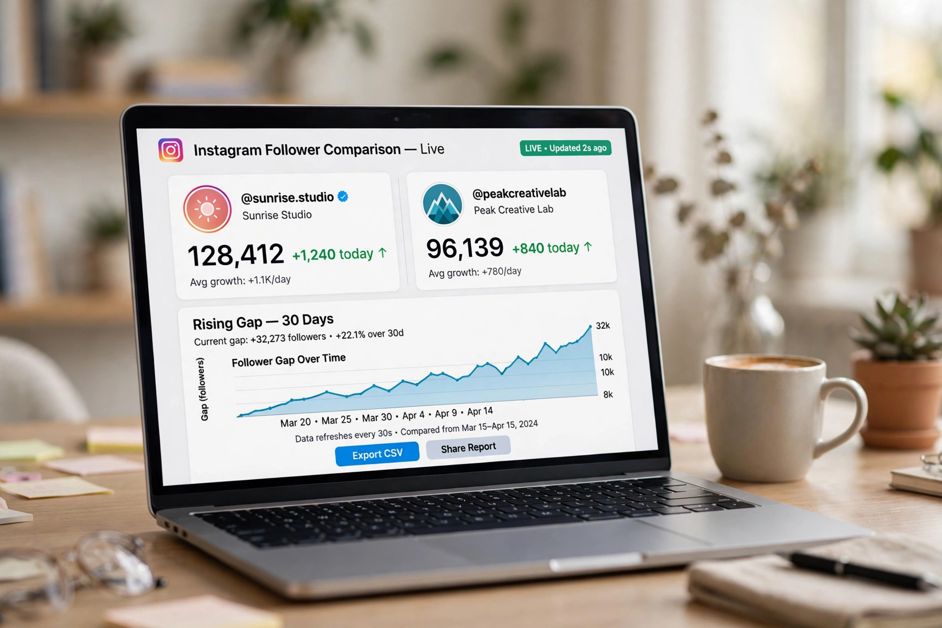 Compare Instagram followers with a live counter: dashboard comparing two accounts side by side