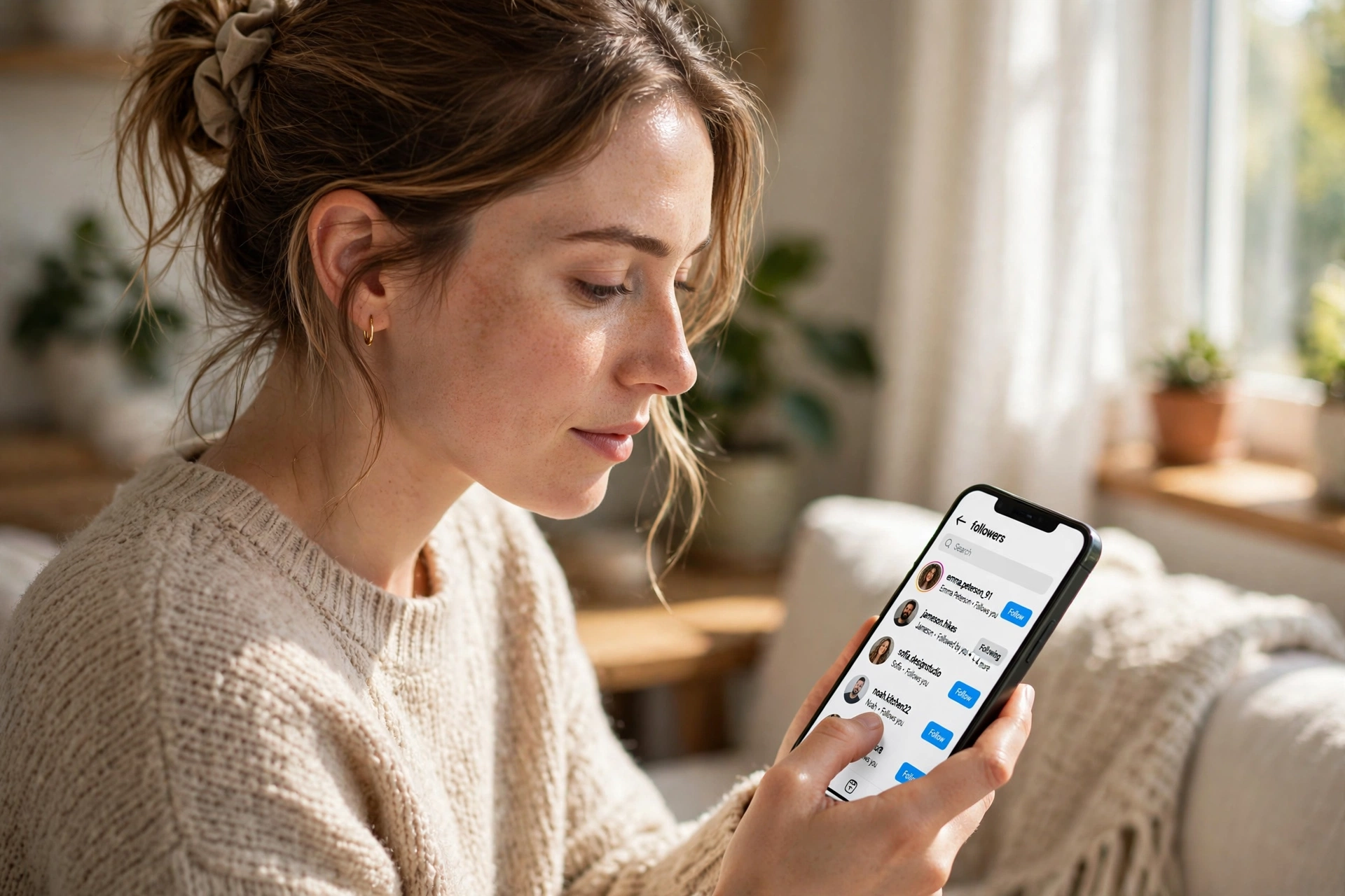 Compare Instagram followers audiences: woman scrolling an Instagram followers list to find mutual followers