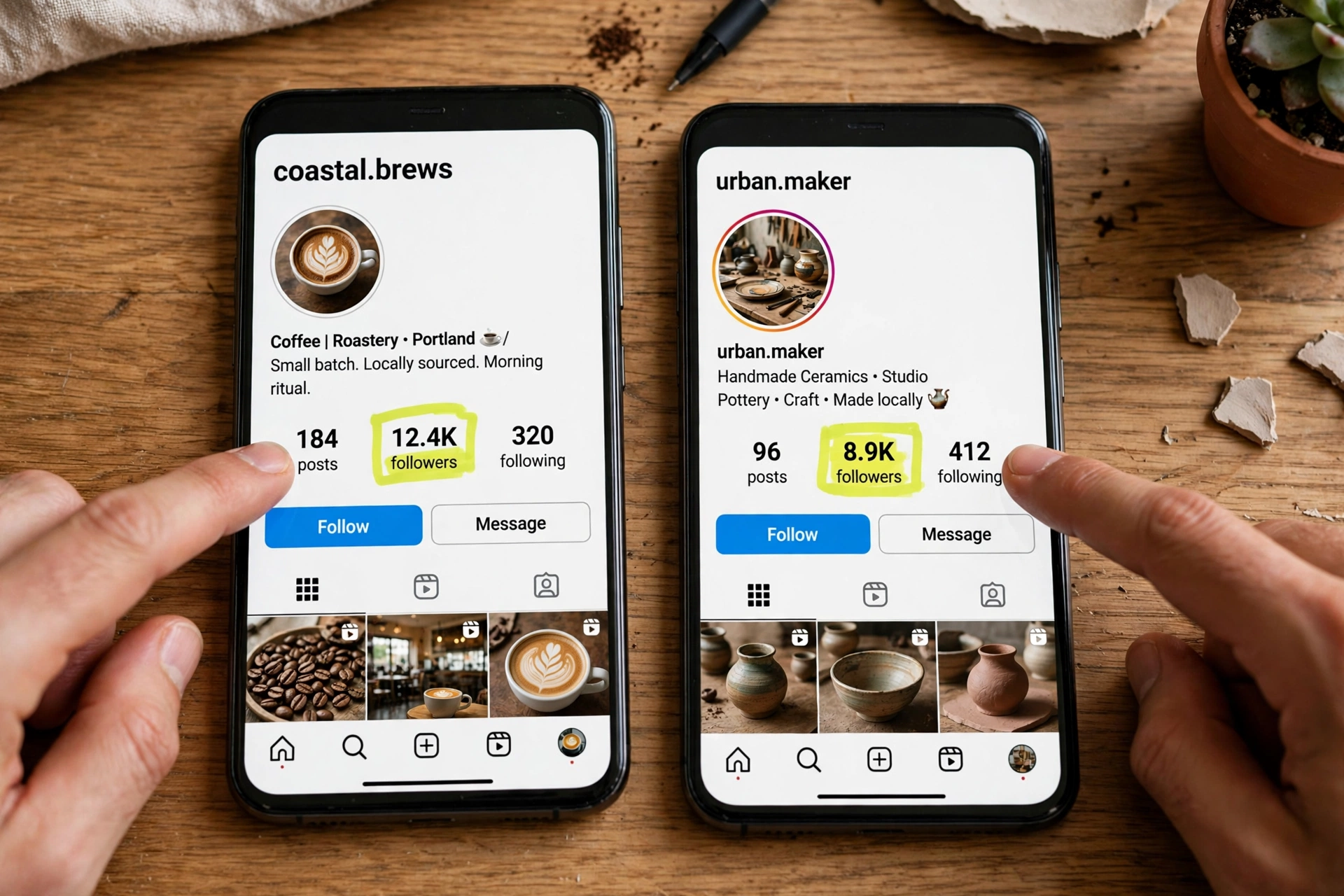 Compare Instagram followers: two smartphones side by side showing Instagram follower counts
