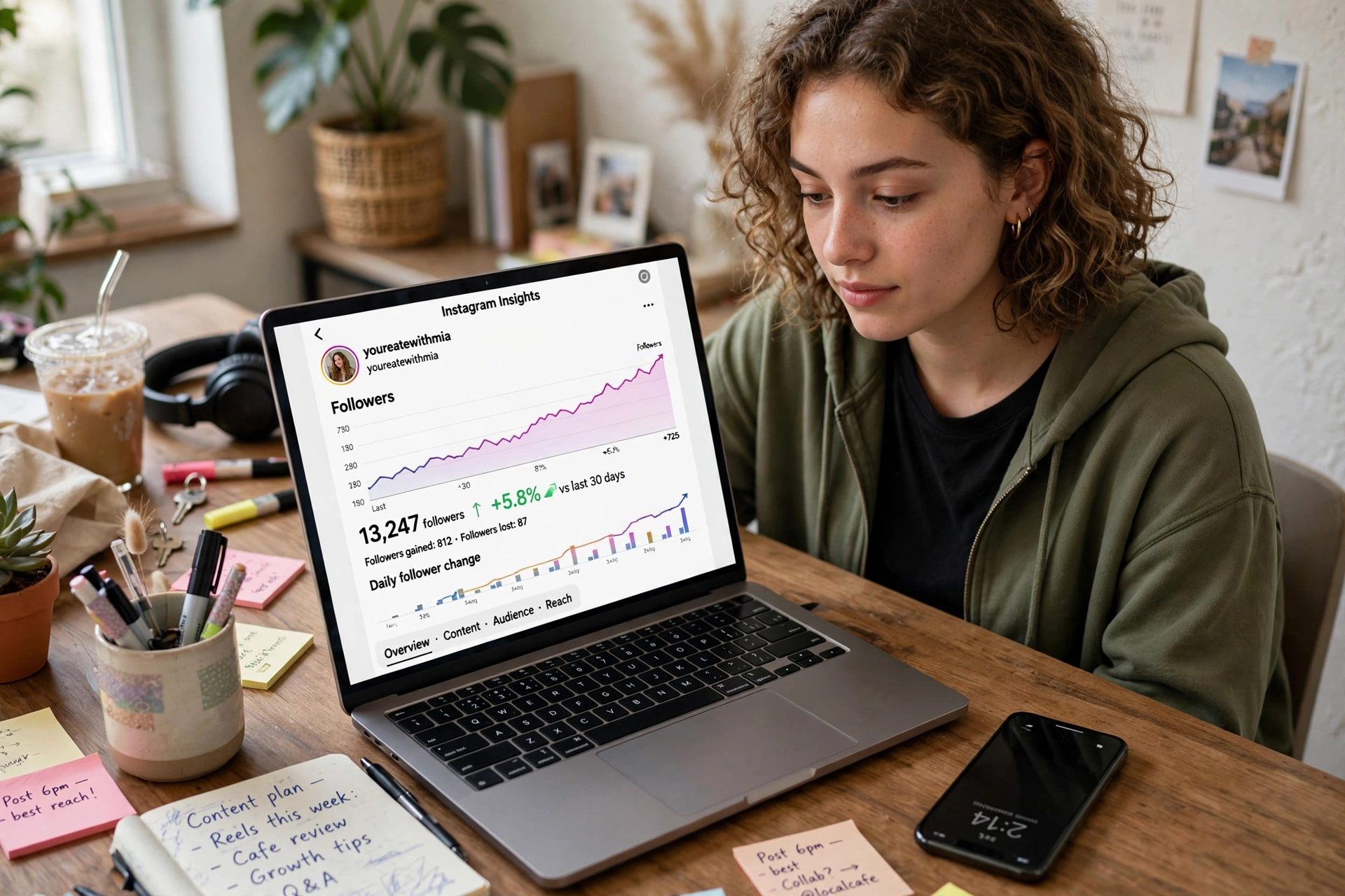 Instagram Follower Tracker: 7 Best Apps to Track Followers, Unfollowers and Growth (2026) 5 Creator reviewing Instagram follower tracker growth analytics on a laptop