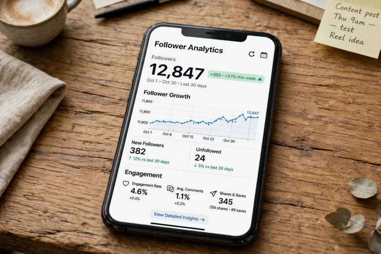 Smartphone displaying an Instagram follower analytics dashboard with growth charts