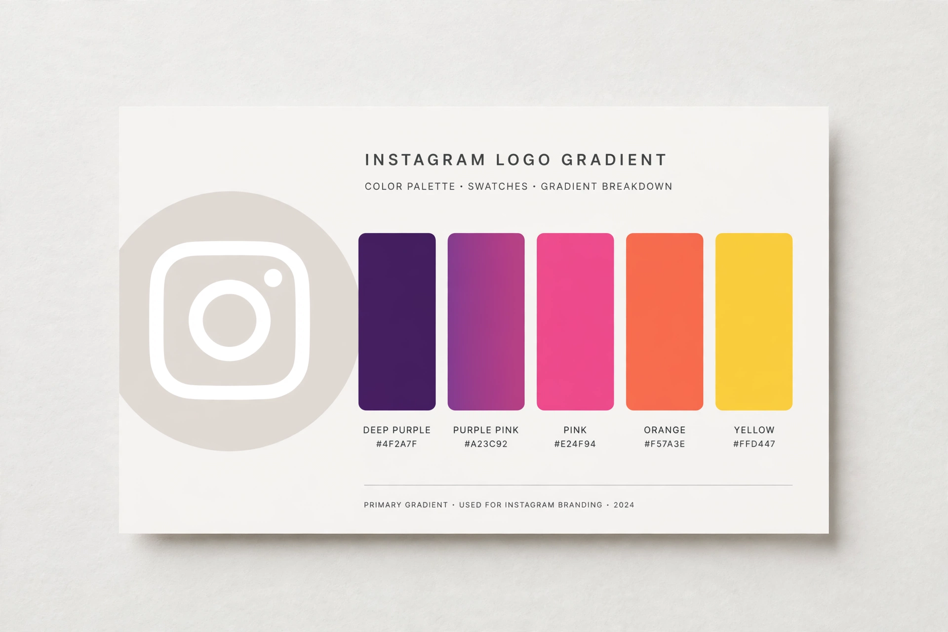 Instagram Logo: Meaning, History, PNG Download and Colors (2026 Guide) 5 Instagram logo color palette swatches showing the purple pink orange and yellow gradient colors
