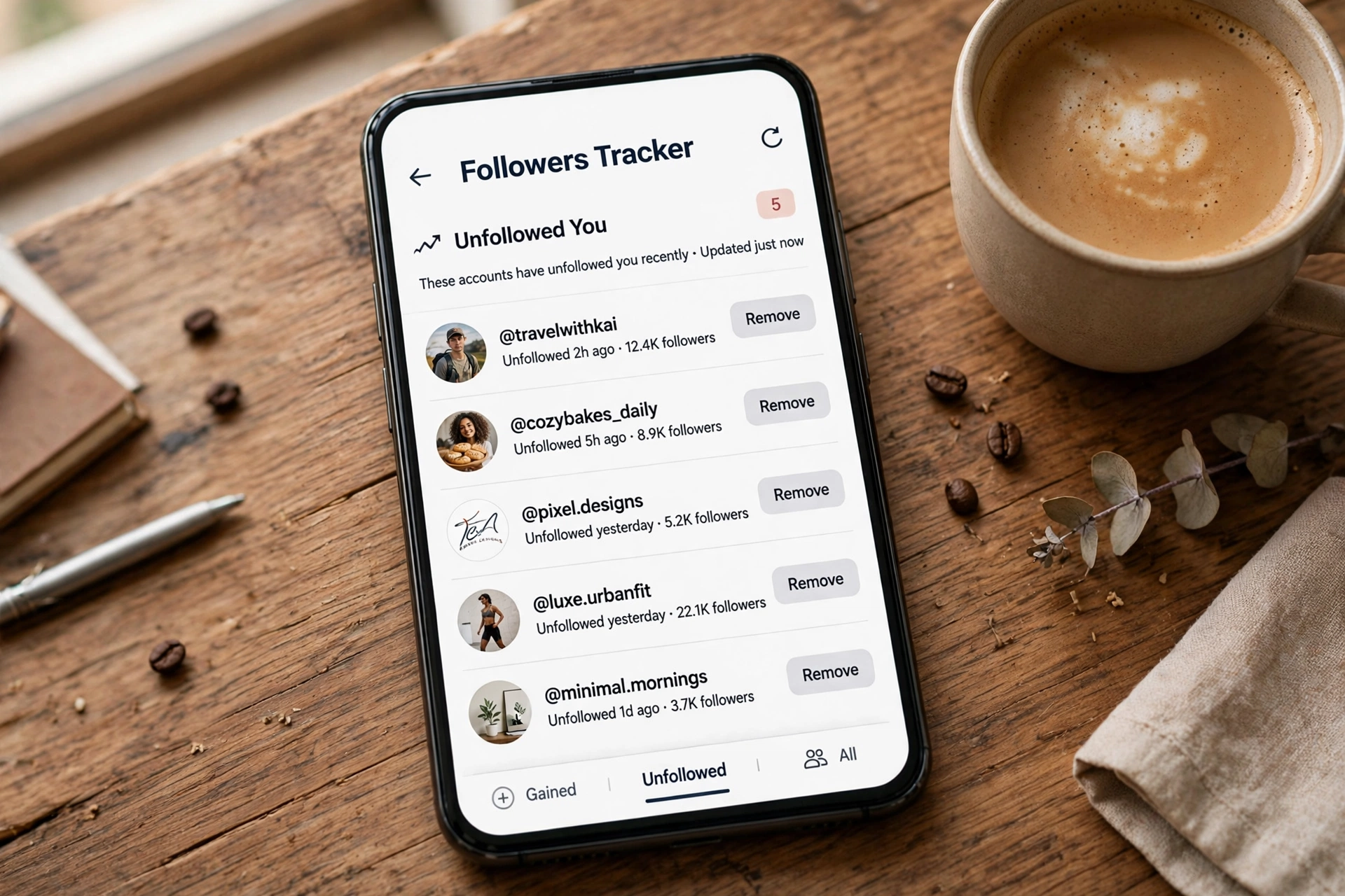 Instagram unfollow checker screen showing accounts that unfollowed you