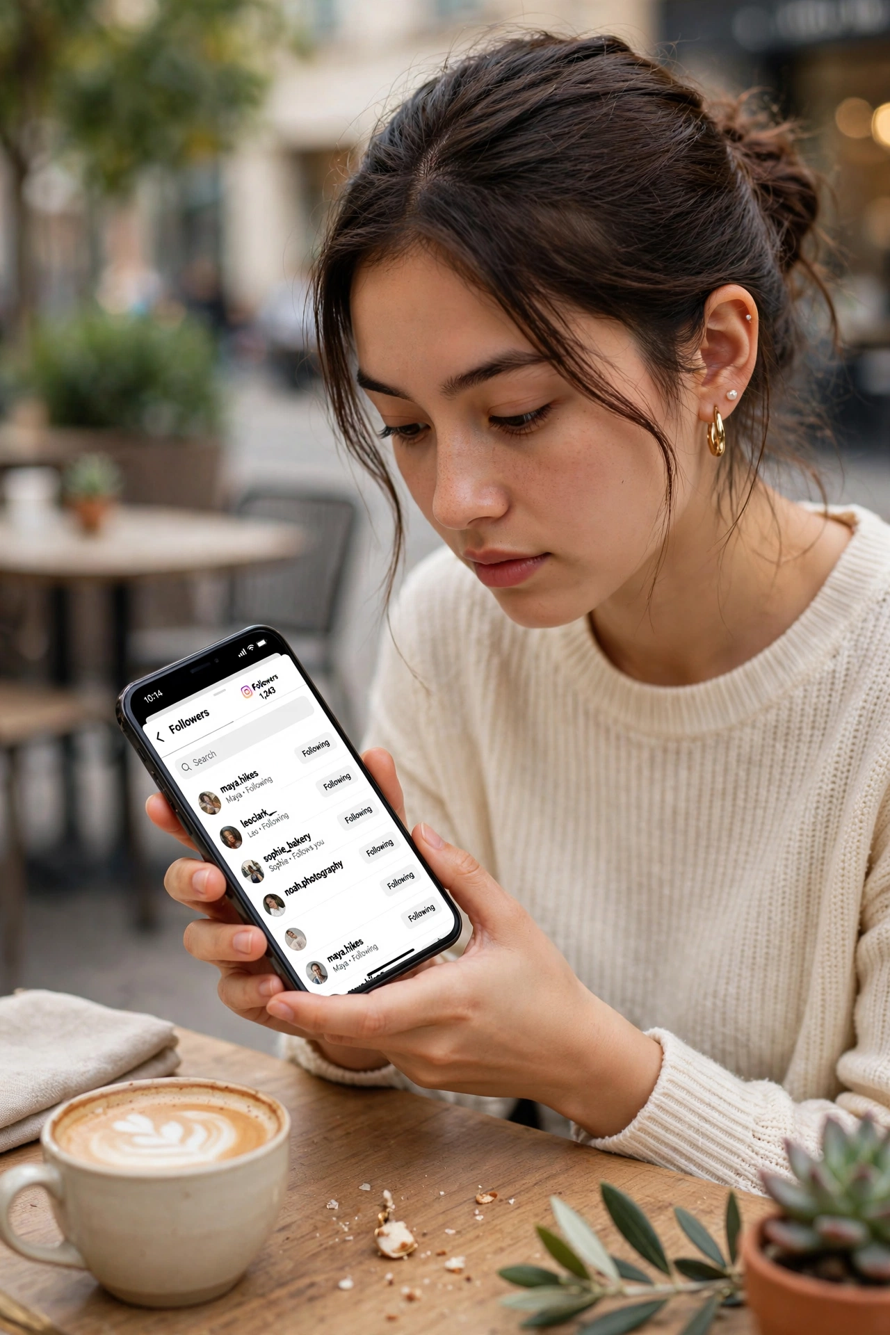 Woman checking her Instagram followers list on a smartphone at a cafe