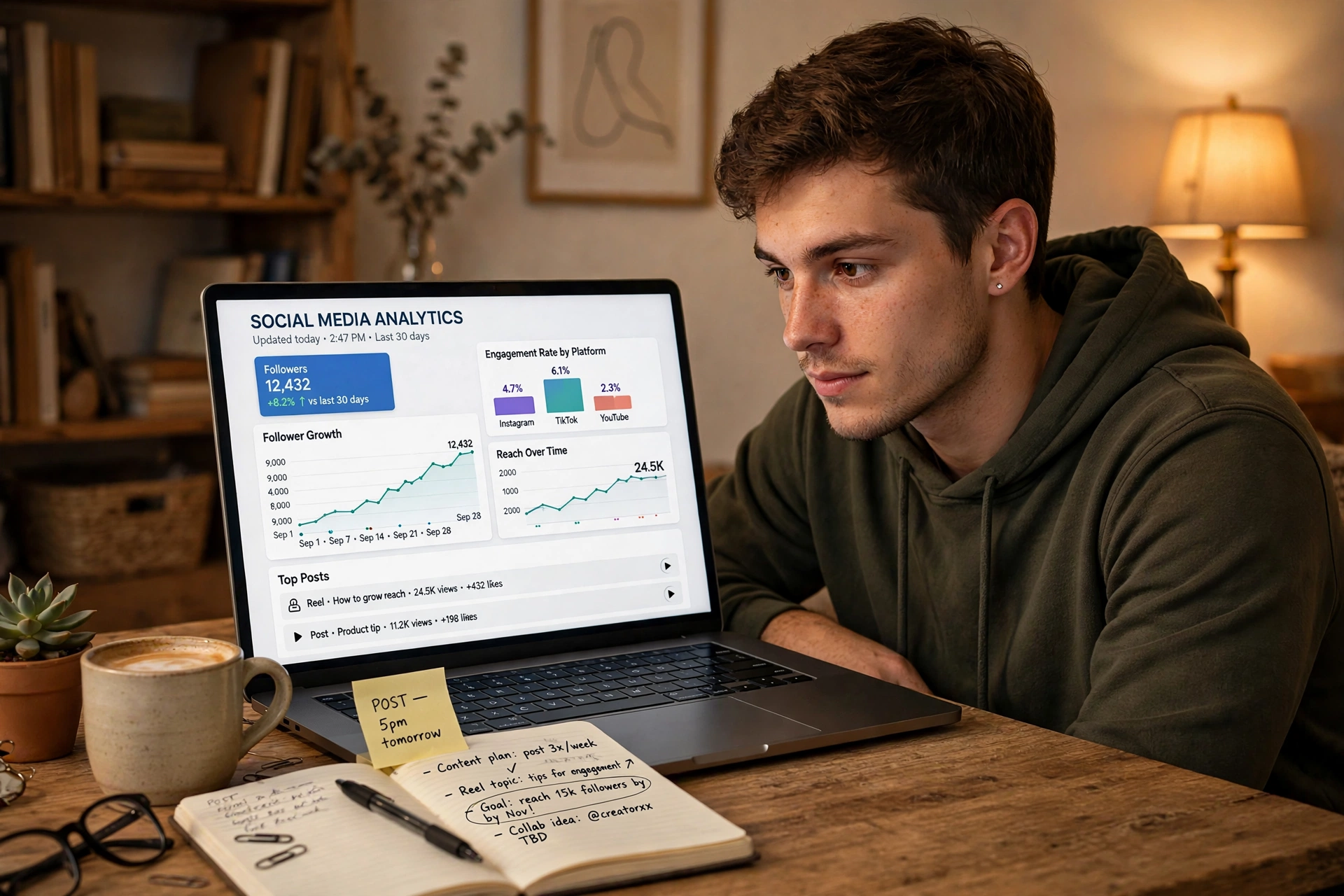Man checking unfollow counts in Instagram Insights on a laptop