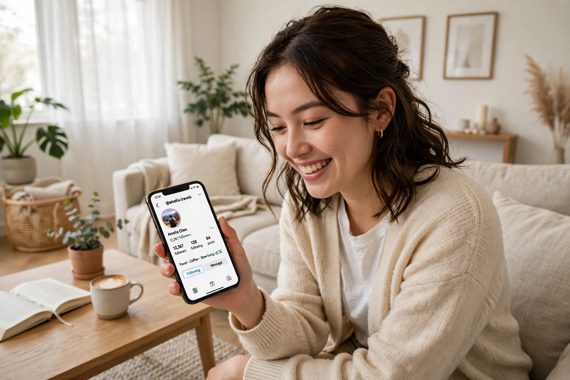 Instagram Follower Tracker: 7 Best Apps to Track Followers, Unfollowers and Growth (2026) 3 Woman checking her Instagram follower tracker stats on a smartphone