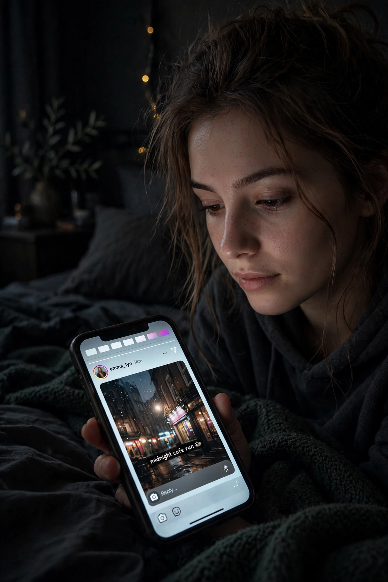 Anonymous Instagram Viewer: View IG Stories Anonymously Without an Account (2026) 3 Person watching Instagram stories on phone at night for privacy